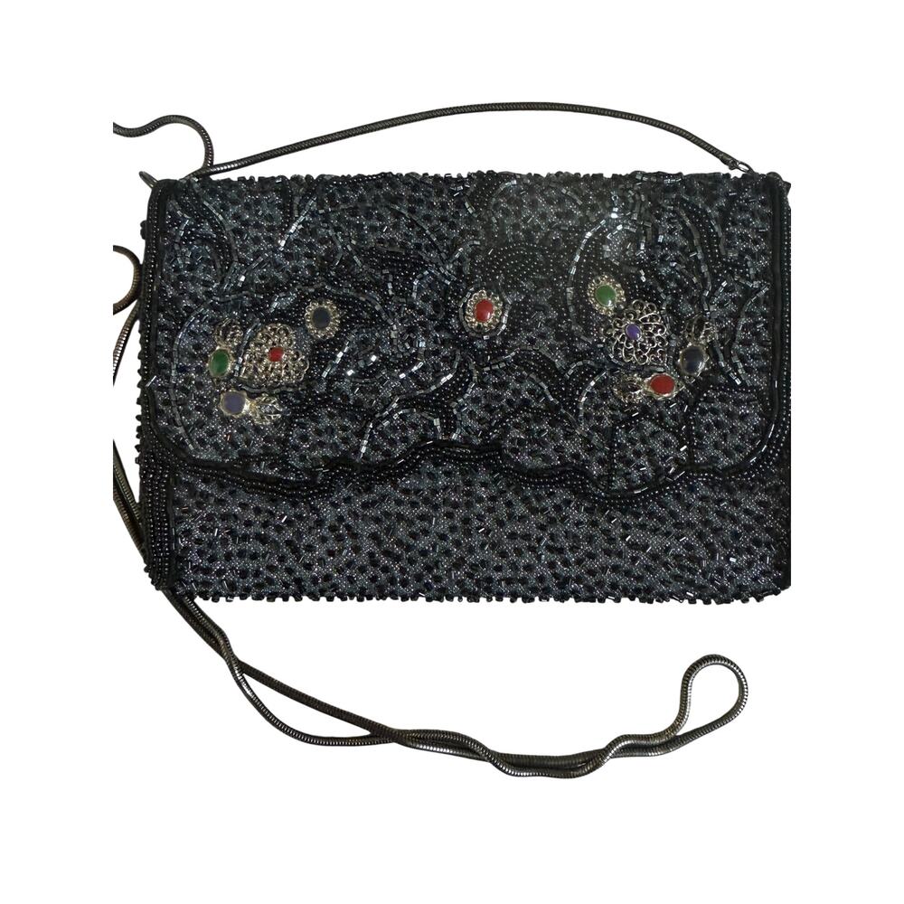 Vintage 70’s La Regale US Patent Black Beading Silver Meshing Slinky Long Strap